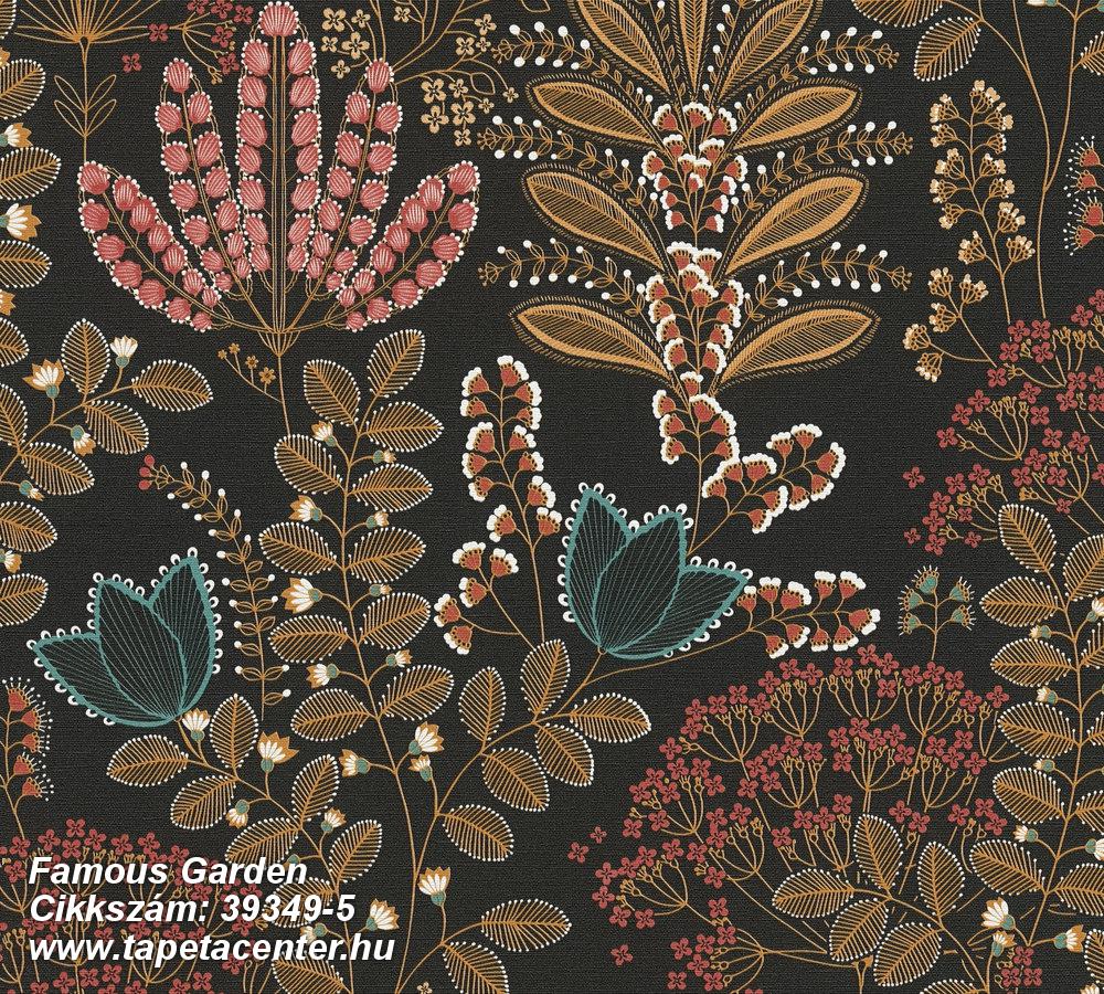 Természeti mintás,textil hatású,barna,fehér,fekete,kék,narancs-terrakotta,súrolható,vlies tapéta 